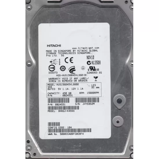 Refurbished Hitachi 450gb 15k rpm 3g 3.5 Inch SAS Hard Disk Drive DKR2J-K45SS 0B24531 3276138-C