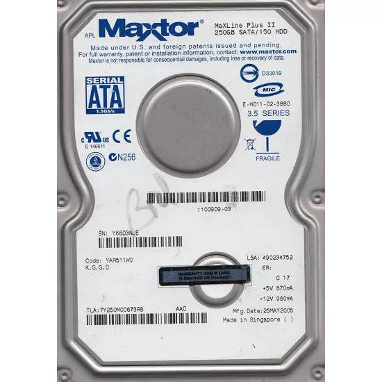 Refurbished Maxtor 250gb 7.2 k rpm 6g 3.5 inch sata hard disk YAR511W0